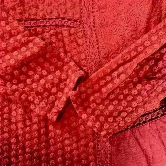 Lucky Brand Boho Peasant Crochet Lace Red 3/4 Sleeve Top, M - Picture 3 of 10